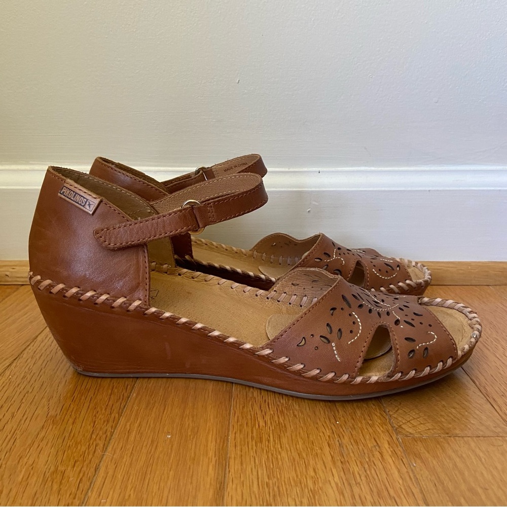 PIKOLINOS Margarita Brown Leather Wedge Sandals Size 41 Cut Out Comfort Boho - Picture 2 of 12